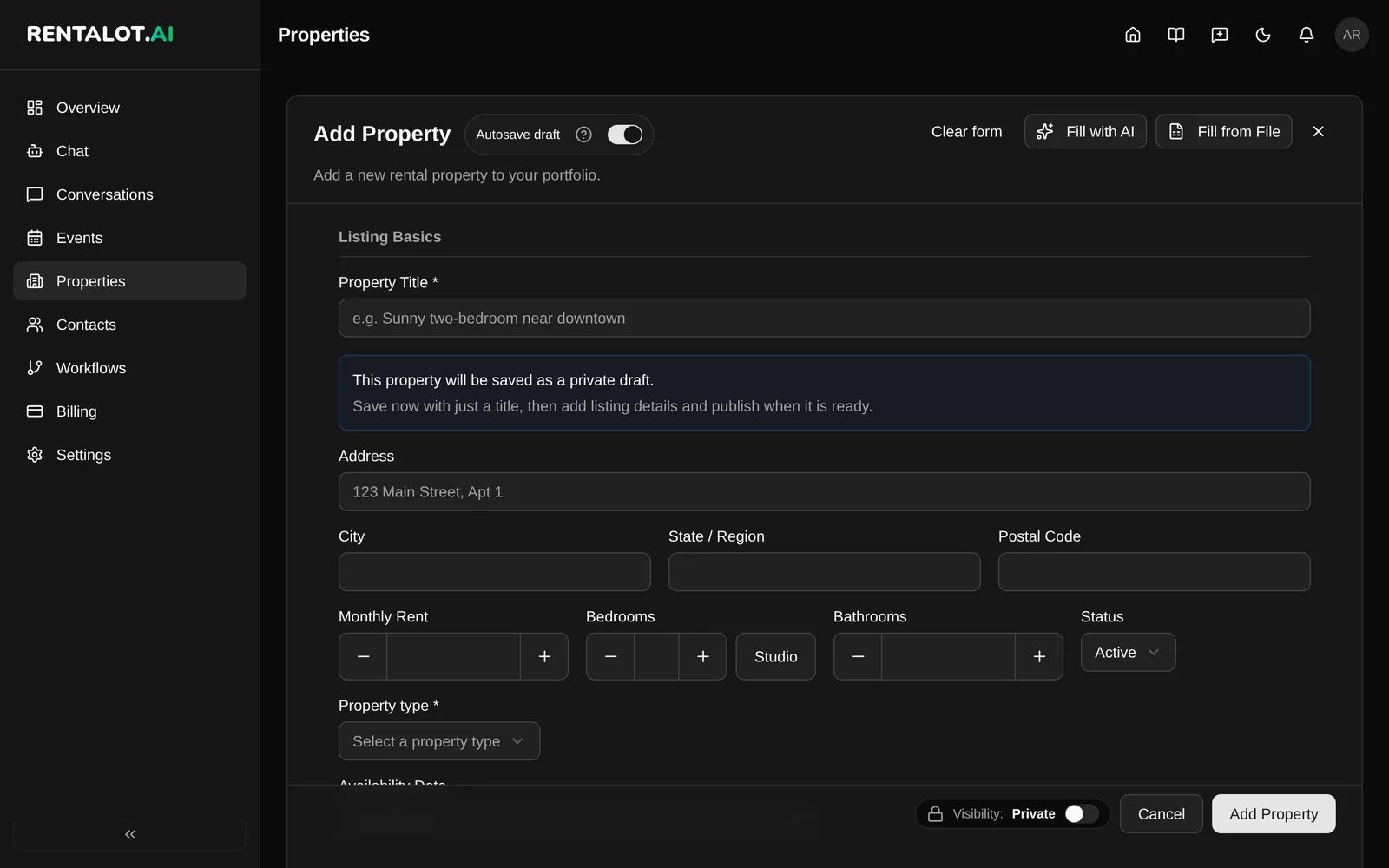 Add Property form with Property Title, address, rent, bedroom and bathroom fields, and a private-draft notice