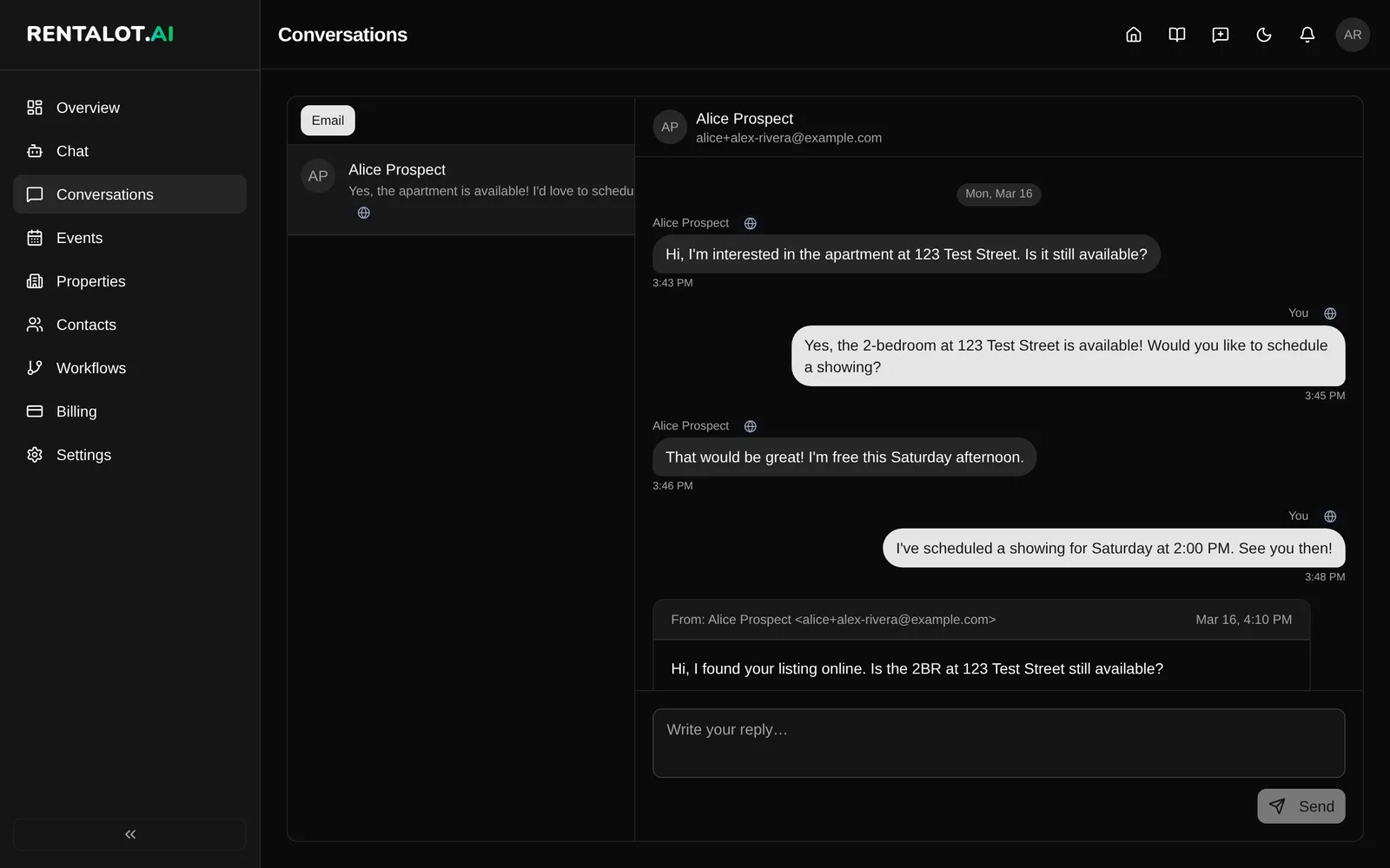Conversations inbox with an email thread open and a reply box with a Send button