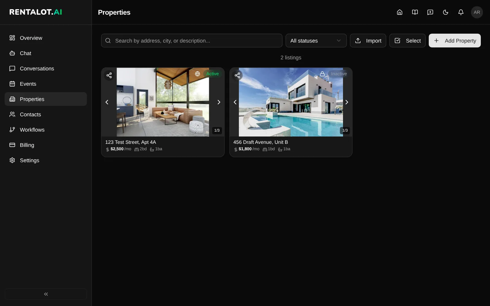 Properties page with search, status filter, Import, Select, and Add Property buttons above property cards