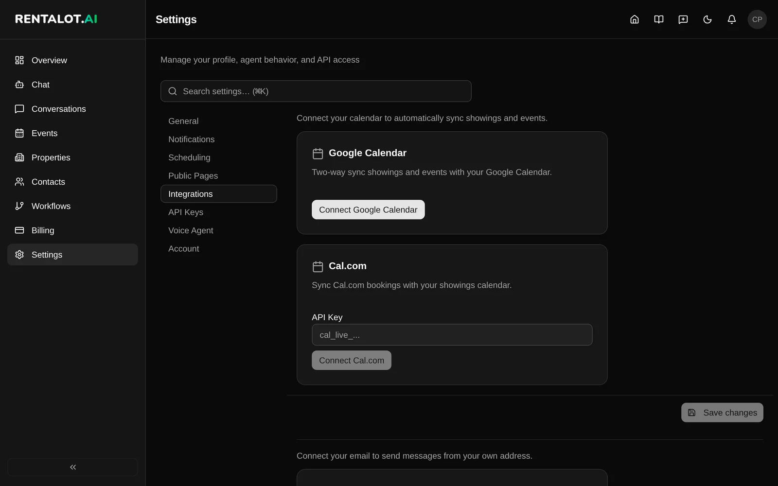 Settings Integrations tab with Google Calendar and Cal.com connection cards