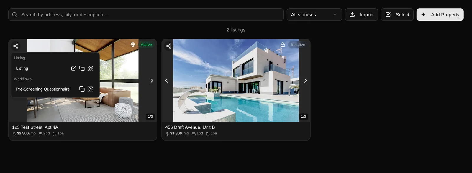 Share workflow links menu on a property card with Listing and Pre-Screening Questionnaire links, copy and QR code buttons