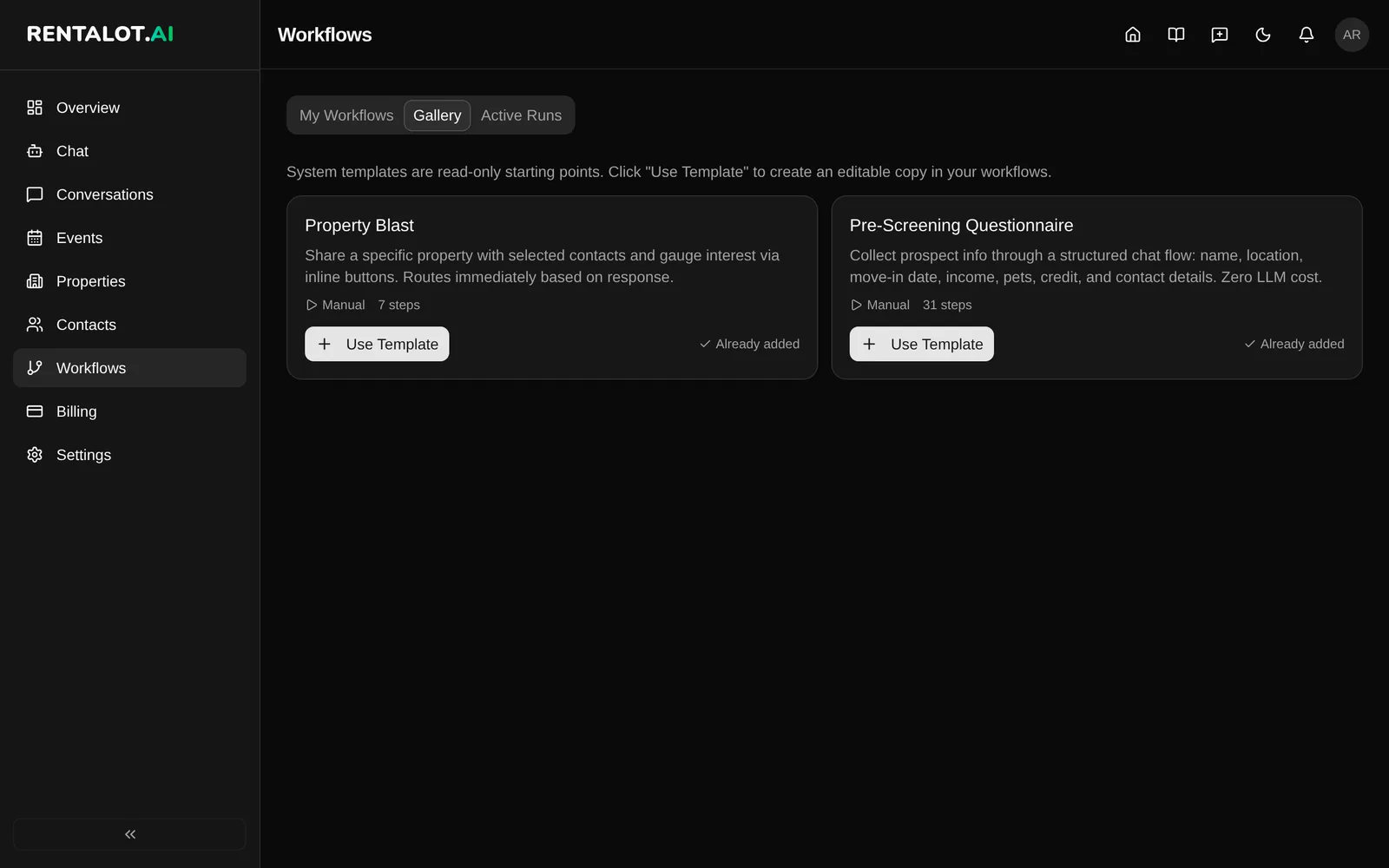 Workflows Gallery tab showing Property Blast and Pre-Screening Questionnaire templates with Use Template buttons