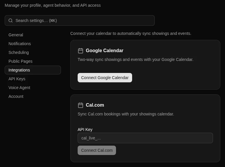 Rentalot Settings integrations tab with Connect Google Calendar and Connect Cal.com cards