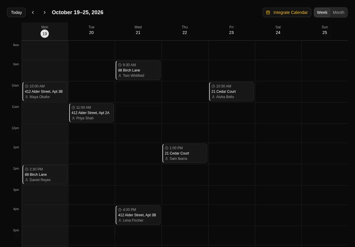 Rentalot Events calendar in week view with showings scheduled across several properties